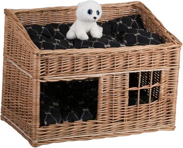 Кішка Будинок Прямокутна з Плетеного Лози, Двоярусний Корз для Кота з Подушкою та Вікном (Чорний, Натуральний)