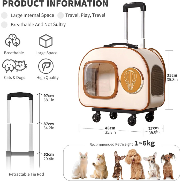 Транспортна переноска для собак PETCUTE з колесами, складаний рюкзак для котів з внутрішнім страхувальним ремінцем, портативна та дихаюча, рюкзак для собак з знімними колесами, для маленьких собак та середніх котів (Бежевий з візком)