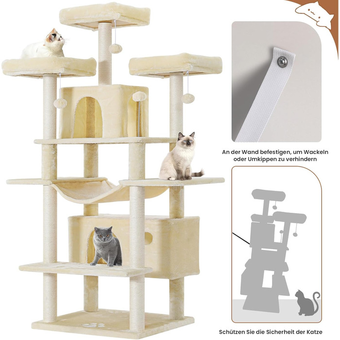 MSmask Котячий будиночок-когтеточка великий, 194 см, XXL, з 3 платформами, 2 печерами, сизалевими стовпами, гамаком, когтеточкою з рампою