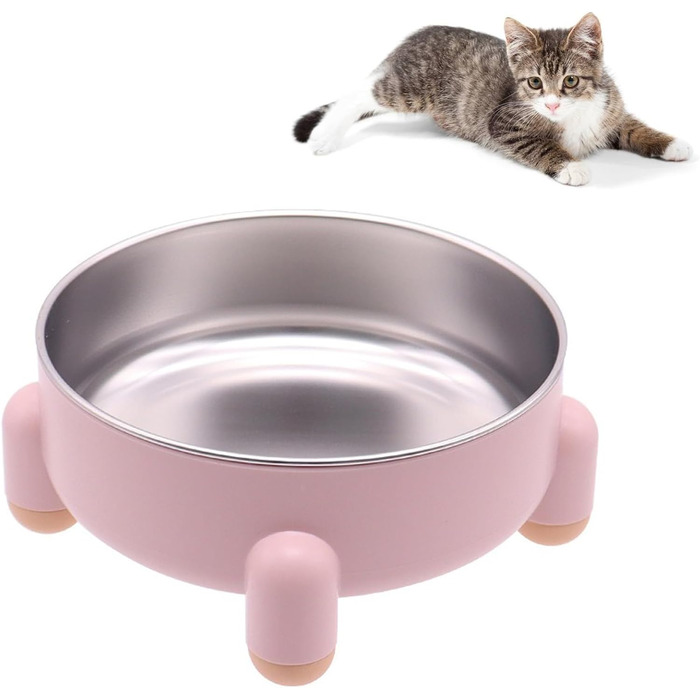 Миски для котів та маленьких собак з нержавіючої сталі, підняті, з антиковзким покриттям, набір 3 шт. (2 білі, 1 рожева)