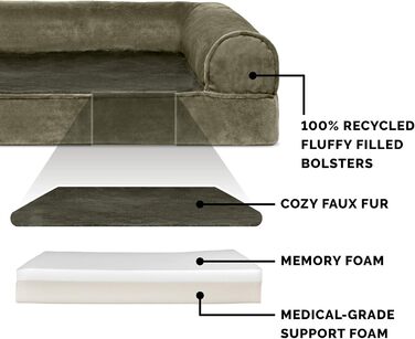 Ліжко для собаки Furhaven середнє з ортопедичним матрацом Memory Foam, штучне хутро і велюр, диван-стиль, знімний та праний чохол, темно-зелений