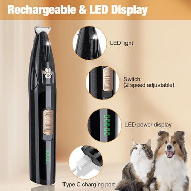 Триммер для стрижки подушечок лап собак TECHMUR з LED-підсвіткою, тихий, акумуляторний, Type-C зарядка, для собак, котів та домашніх тварин (білий, чорний)