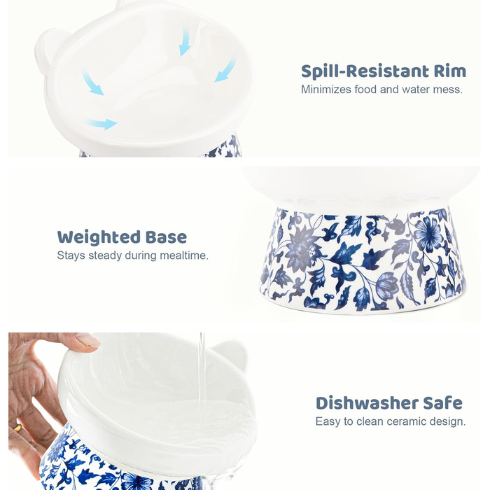 Котло propositions, Підвищена годівниця для котів TIGOADT, керамічна, широка, нахилена, проти блювоти, для кошенят та дорослих котів (блакитно-білий візерунок)