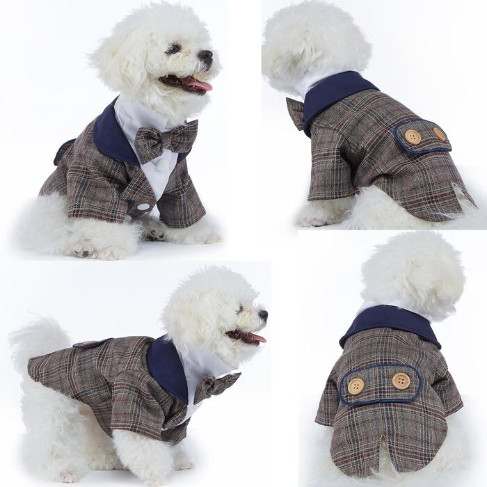 Елегантний костюм для собак: смокінг для маленьких та середніх собак, коричневий, з блакитною краваткою. Ідеально для вечірок, свят, днів народжень. Розмір M (довжина спини 29 см)