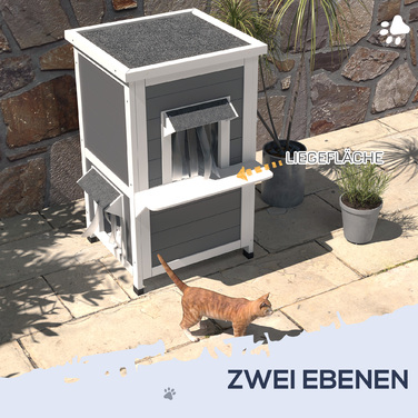 PawHut Cat House Дерев'яний 2-х ярусний стійкий до погодних умов будиночок для кішок з дахом, сірий і білий, 60x60x81.5см | Аосом