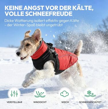 Зимовий теплий одяг для собак: флісова куртка-жилет для собак середніх розмірів (M, обхват грудей 53 см), червона, з кріпленням для повідка та світловідбиваючими елементами