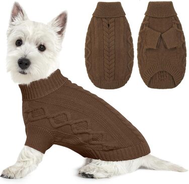 Теплий зимовий пуловер для собак Lelepet з коміром-горловиною, святковий пуловер для холодної погоди, м'який в'язаний одяг для собак, коричневий, розмір S