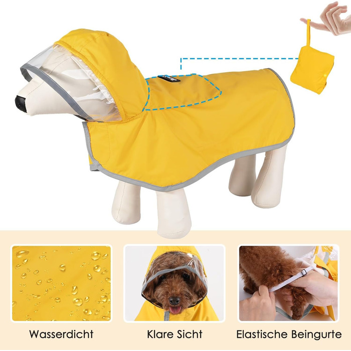 Регенкожух для собак SlowTon: водонепроникний, двошаровий, з капюшоном, світловідбиваючими смугами та кишенею. Підходить для собак маленьких, середніх та великих порід. Колір: жовтий.