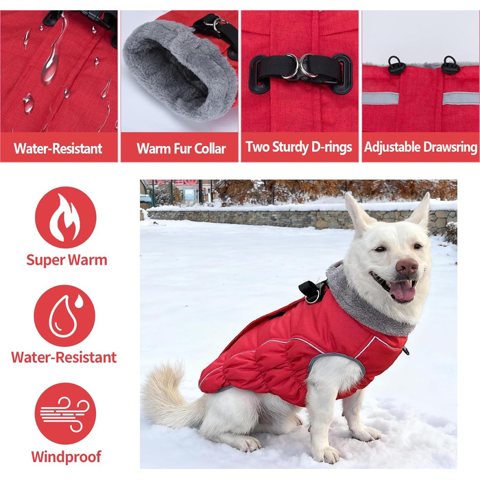 Водонепроникний та вітронепроникний теплий накидка для собак, розмір M, червоний. Підходить для цуценят та маленьких/великих собак, з інтегрованим повідком. (Getaway Solids)