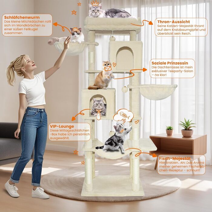 Котячий комплекс LEEJARD XXL: великий дерев'яний будиночок з платформами, когтеточками, будиночком, гамаком, іграшками та захистом від перекидання (180 см, бежевий)