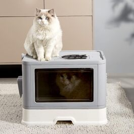 Туалет для котів з кришкою, совком та висувним лотком, подвійний вхід, сірий, герметичний