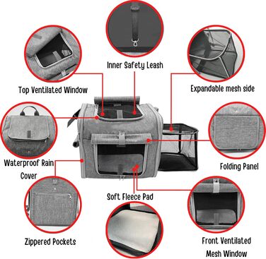 Рюкзак-переноска для собак та котів, сірий, з розширенням, м'який, світловідбиваючий, з 4 дверима та сітковими вікнами (для малих та середніх собак, кошенят, цуценят)