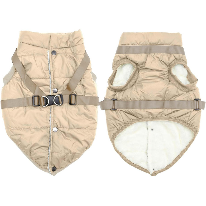 Тепла куртка для собак середнього розміру, XL, Khaki, з інтегрованим шлейкою, флісова підкладка, для зими, вітронепроникна