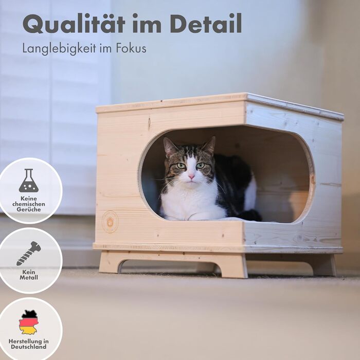 Дерев'яний будиночок для котів Deerke Living, ручна робота, з подушкою, 41x41x37 см, преміум якість, вироблено в Німеччині