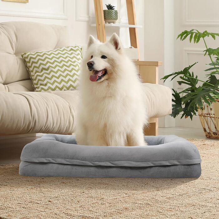 Велике ліжко для собак, вологостійке, ортопедичне диван для домашніх тварин знімний, пральний чохол, неслизьке дно, ліжко для котів з піною з пам'яті для зменшення тривоги, преміум-фланелевий дизайн (91x68x16 см, сірий)