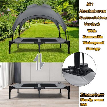 Лежанка для собак з балдахіном, лежанка для котів, лежанка для тварин на вулицю, собаче ліжко, собачий диван, місце для сну з підняттям, дихаюча тканина, тафта, до 40 кг (M, 76x61x76 см), (L 92 x 76 x92 см)