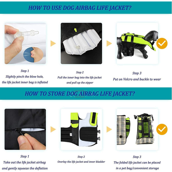 Жилет для плавання собак, жилет для собак, надувний жилет для собак з ручкою та світловідбиваючими смугами (S, зелений)
