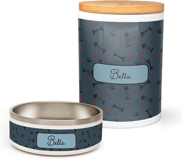 PICANOVA Набір мисок та контейнерів для корму для собак з іменем - Персоналізований набір у різдвяному дизайні - Керамічний набір мисок та контейнерів для собак як подарунковий набір для власників домашніх тварин - Дизайн Candy Bones (Набір Рибка та Кістк