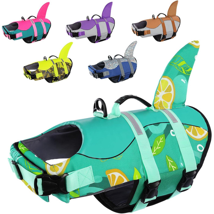 Спасальний жилет для собак у вигляді акули, XL (1 шт.), зелено-лимонний, для водних розваг, з ручкою та світловідбиваючими елементами