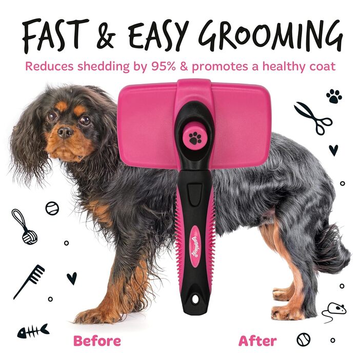 Щітка для собак та котів Bugalugs з автоматичним очищенням - видалення шерсті, ергономічна щітка для короткошерстих котів та собак