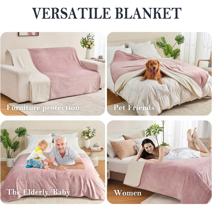 Водонепроникний плед для дорослих, двосторонній, для собак, котів, тварин, м'який, захист ліжка, дивану, меблів (Сірий Рожевий/Бежевий Білий, 101x152 см)