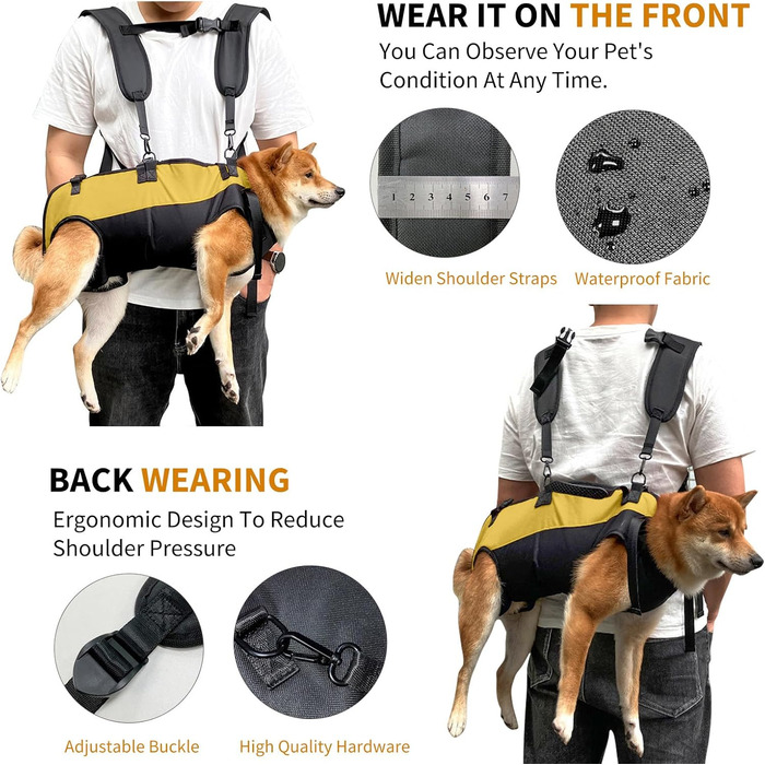 Шлейка-рюкзак для собак PETCUTE, для великих собак, з ручкою, регульована, для собак з артритом та проблемами з суглобами, 7.5-15 кг (S, чорний+жовтий)
