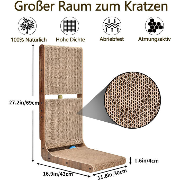 Кігтеточка для котів L-подібна з іграшкою, з картону, 69 см