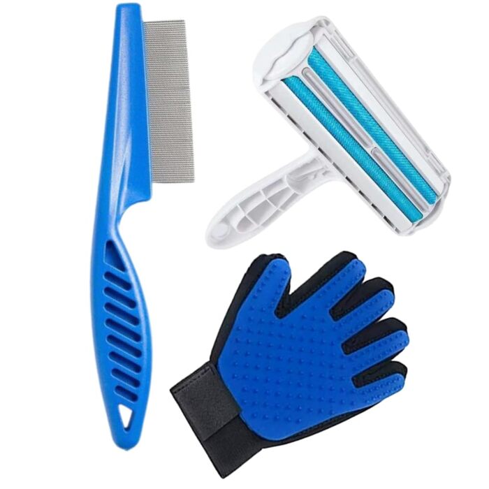 Набір для догляду за тваринами Ultimate Pet Kit: рукавичка для видалення шерсті, гребінець від бліх, щітка для грумінгу. Підходить для собак та котів