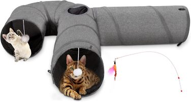 Ігровий тунель для котів Ownpets 3-в-1, розкладний тканинний тунель із м'ячиком та дразнилкою, для котів, кошенят, кроликів, цуценят, сірий