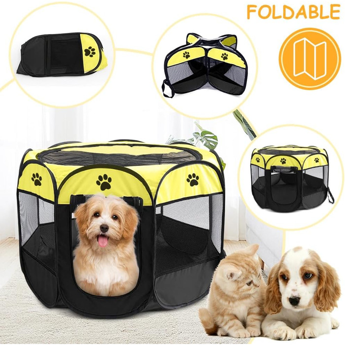 Клітка-забіг для цуценят та тварин, 74x74x43 см. Клітка-вольєр для собак, котів, кроликів та дрібних тварин для використання в приміщенні та на вулиці (жовта, восьмикутна)