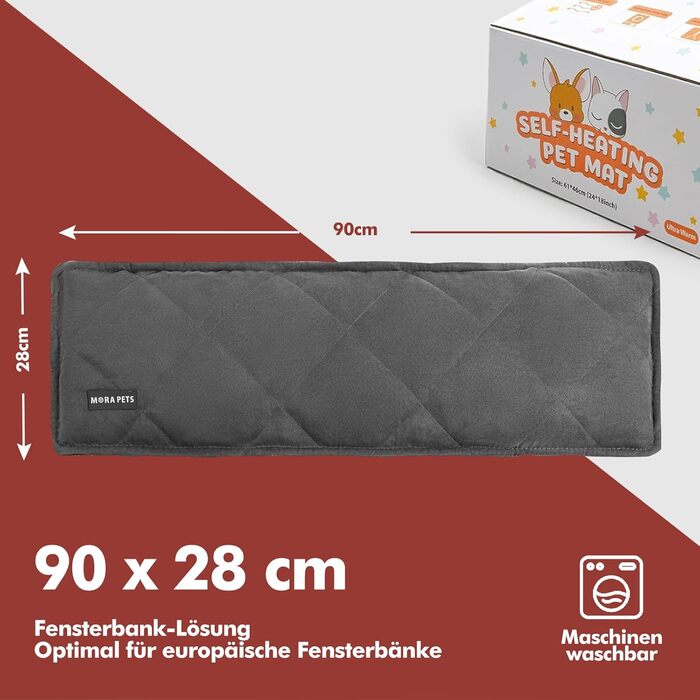 Підстилка для котів на підвіконня Mora Pets: тепла, самонагрівальна, 90 x 28 см, антиковзаюча, темно-сірий велюр