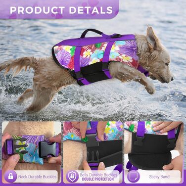 Спасальний жилет для собак Hawaiian Sports Style, жилет для плавання з ручкою, для човнів, для цуценят, великих, середніх та малих собак (Large, квіти + фіолетовий)