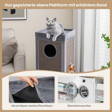 Кігтеточка GYMAX 40x40x99 см, 4-ярусна кігтеточка-будиночок з 3 печерами, знімні плюшеві подушки та 2 когтеточки, стійка кігтеточка для котів, сіра