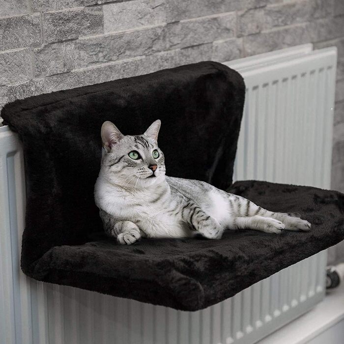Підвісна лежанка-грілка для котів Fyeme: м'яка, плюшева, на металевому каркасі, для будь-яких радіаторів (чорна)