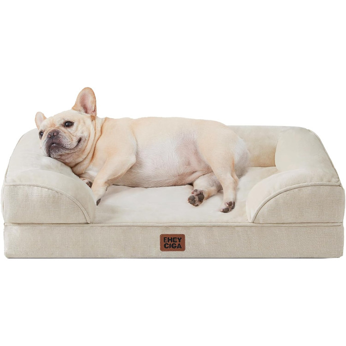 Ортопедичне ліжко для собак EHEYCIGA, 76x51 см, Memory Foam, для середніх та маленьких собак, миється, вологостійке, ковзаюче, з високим бортиком, бежеве