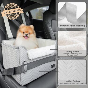 Автокрісло для собак Petsfit - стабільне та безпечне автокрісло для маленьких собак, з кріпленням для ременя безпеки, зручне ліжко-кошик з миючим плюшевим подушками, шкіряне сіре