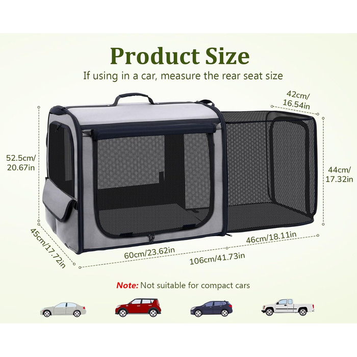 Pecute Розширювана переноска для котів та маленьких собак, транспортна сумка-переноска, розкладний бокс для котів, сіра/зелена, 61x52x45 см