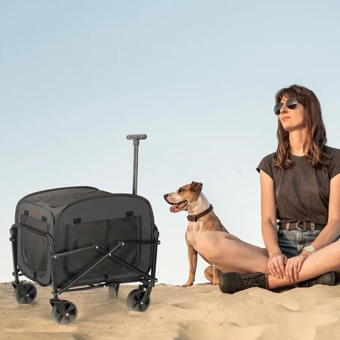 Транспортер для собак на колесах, велика візок для собак та котів до 18 кг, чорний/сірий
