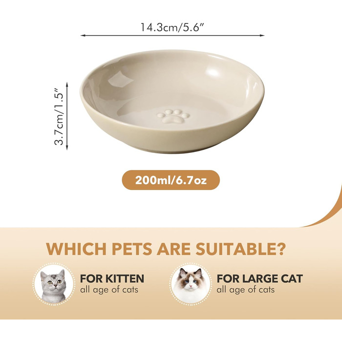 Миски для котів Havniva, кераміка, широкі, для вусів, набір 3 шт., годівниця та поїлка, запобігають втомі вусів, 14 см, вінтажний лате