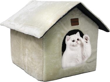 Whiwhi плюшевий будиночок для котів, котяче ліжко-ніша з м'якою подушкою, переносна хижка для кота з нековзким дном, тепла і затишна, 45x40x45 см, бежева