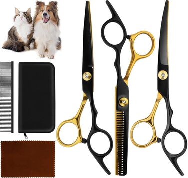 Професійний набір ножиць для собак 6 в 1: 6,6' - ідеально для грумінгу собак, котів та інших тварин. В комплекті: прямі, зубчасті та вигнуті ножиці (чорний + жовтий)