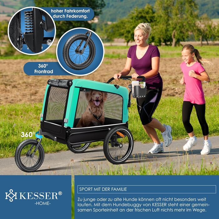 KESSER® Візок-причіп для собак Boxer 3в1: візок для прогулянок, бігу та велосипедний причіп, великий об’єм 240 л, амортизований, міцна тканина 600D Oxford, система SmartSpace, навантаження до 40 кг, з підстаканником