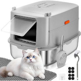 Котячий туалет Papettly з нержавіючої сталі з кришкою XXL, 30 л, високий знімний борт, килимок для туалету, легке очищення, 58x42x40 см