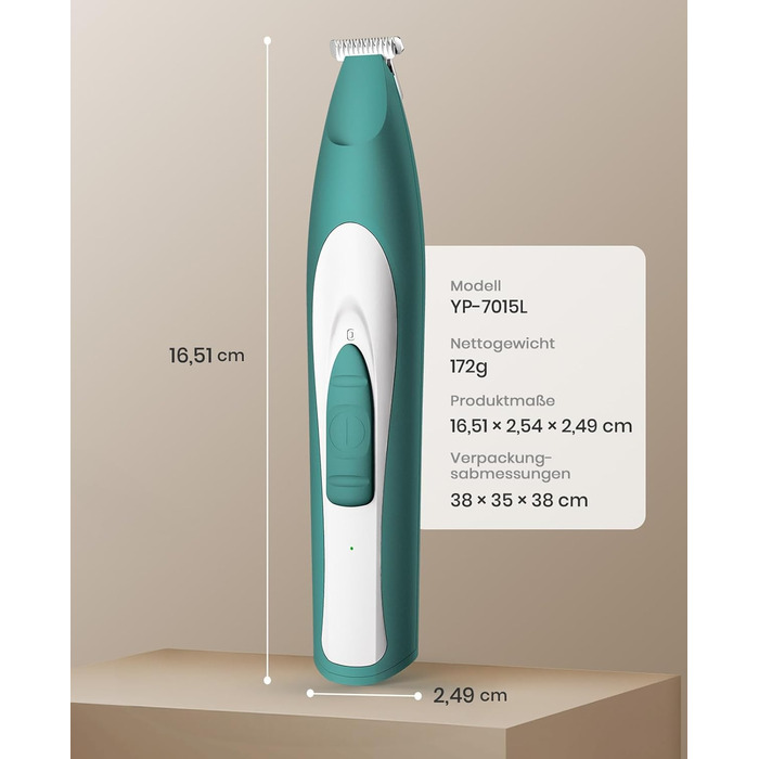 Триммер для собак Oneisall: безшумний, акумуляторний, з LED-підсвічуванням. Ідеально для стрижки подушечок лап, очей, вух та обличчя. Зелений колір