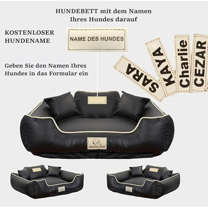 Крісло-ліжко для собак середніх порід King Dog: миється, з еко-шкіри, 75x65 см, з можливістю персоналізації (ім'я собаки), водонепроникний матеріал, силіконова наповнювач, чорний колір
