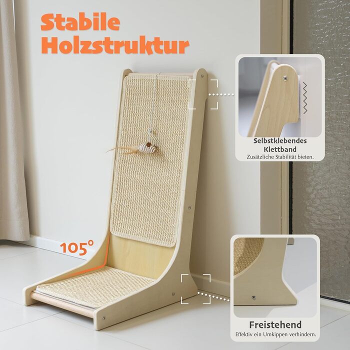 PETKARAY Котяче дряпальний борд з сизалю, 66 см, L-подібний, 105° вертикальна поверхня для дряпання, з іграшками, для стіни та кута