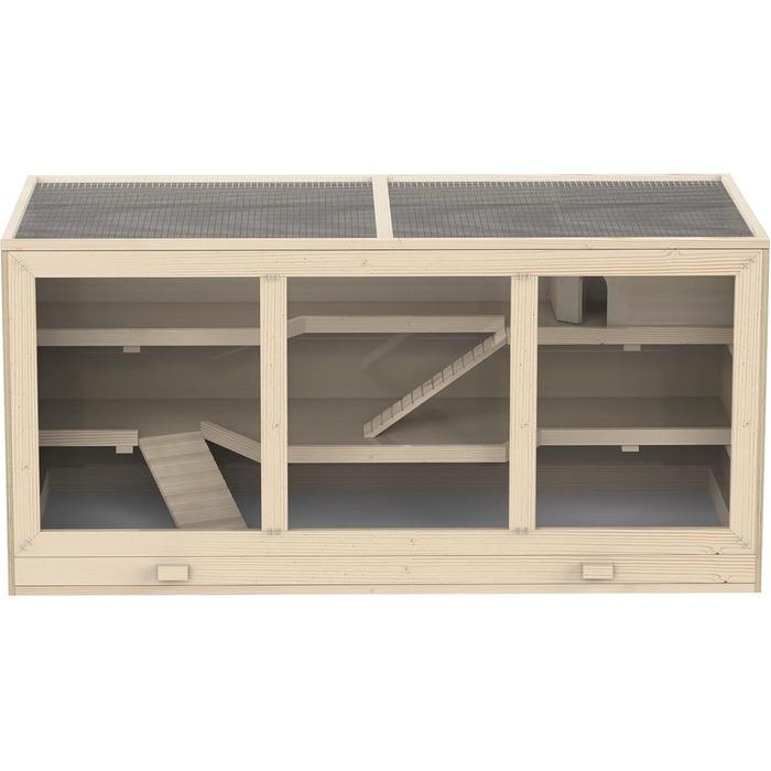 Клітка для тварин PawHut, клітка для гризунів з рампою та гойданням, верхня кришка відкривається, знімна піддон, дерево сосна та PS пластик, 115 x 60 x 55 см