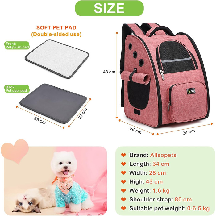 ALLSOPETS рюкзак для собак і котів, дихаючий складний рюкзак-переноска з безпечним гачком, портативна сумка для подорожей і прогулянок, рожевий