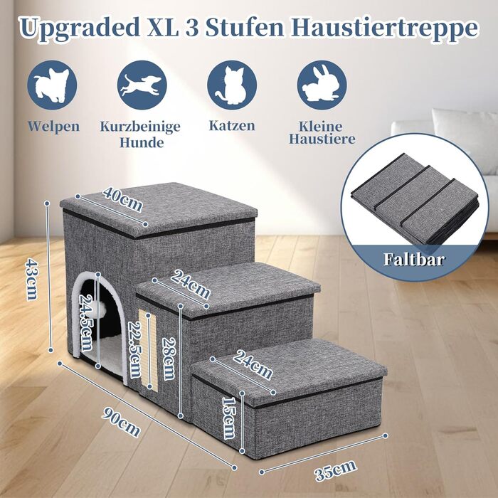 Складні сходи для собак і котів XL, 3 ступені, 90×35×43 см, ширші сходинки, для ліжка та дивана, з відсіком для зберігання, для великих та літніх тварин