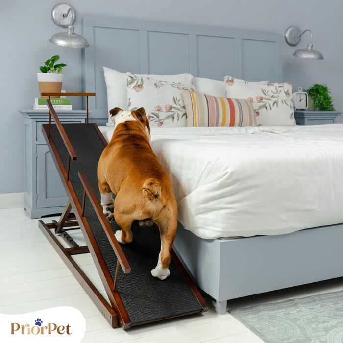Сходинки для собак PRIORPET з берези з захисним бар'єром - регульована висота до 94.5 см - складаються - антиковзке покриття - для собак до 23 кг - колір: горіх